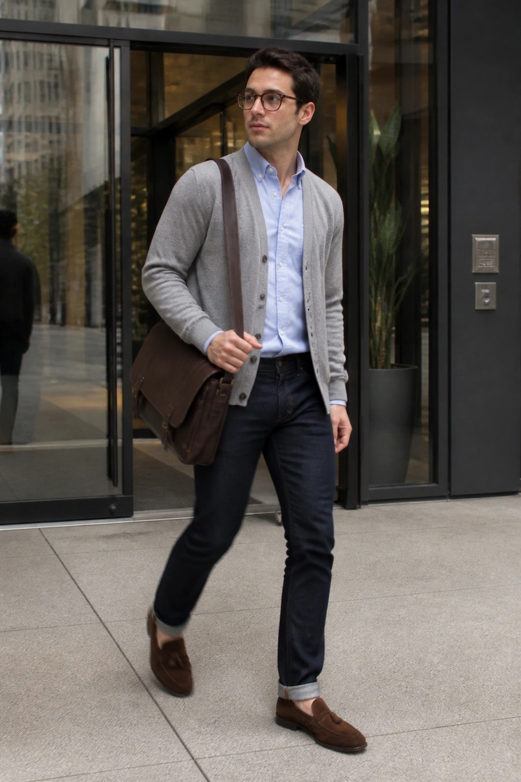 Man in gray cardigan over blue shirt with brown messenger bag and loafers