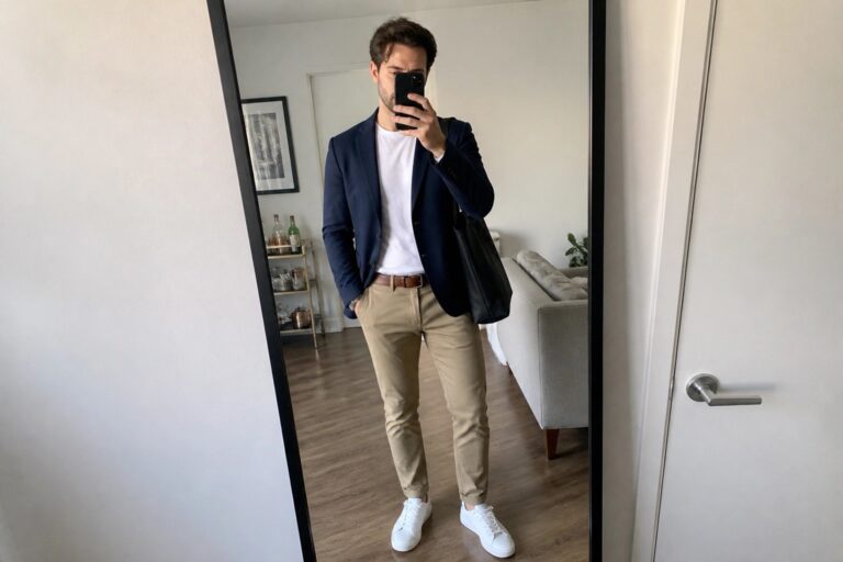 18 Practical Casual Office Outfits for Men on Hybrid Workdays Man in navy blazer, white t-shirt, and beige pants taking mirror selfie.