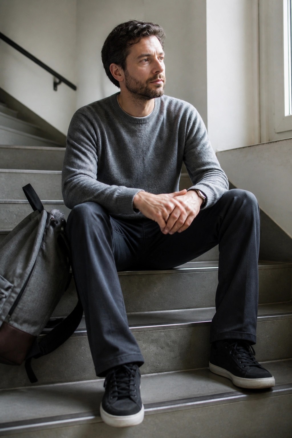 Man in gray sweater sits on stairs beside backpack, hands clasped, gazing aside