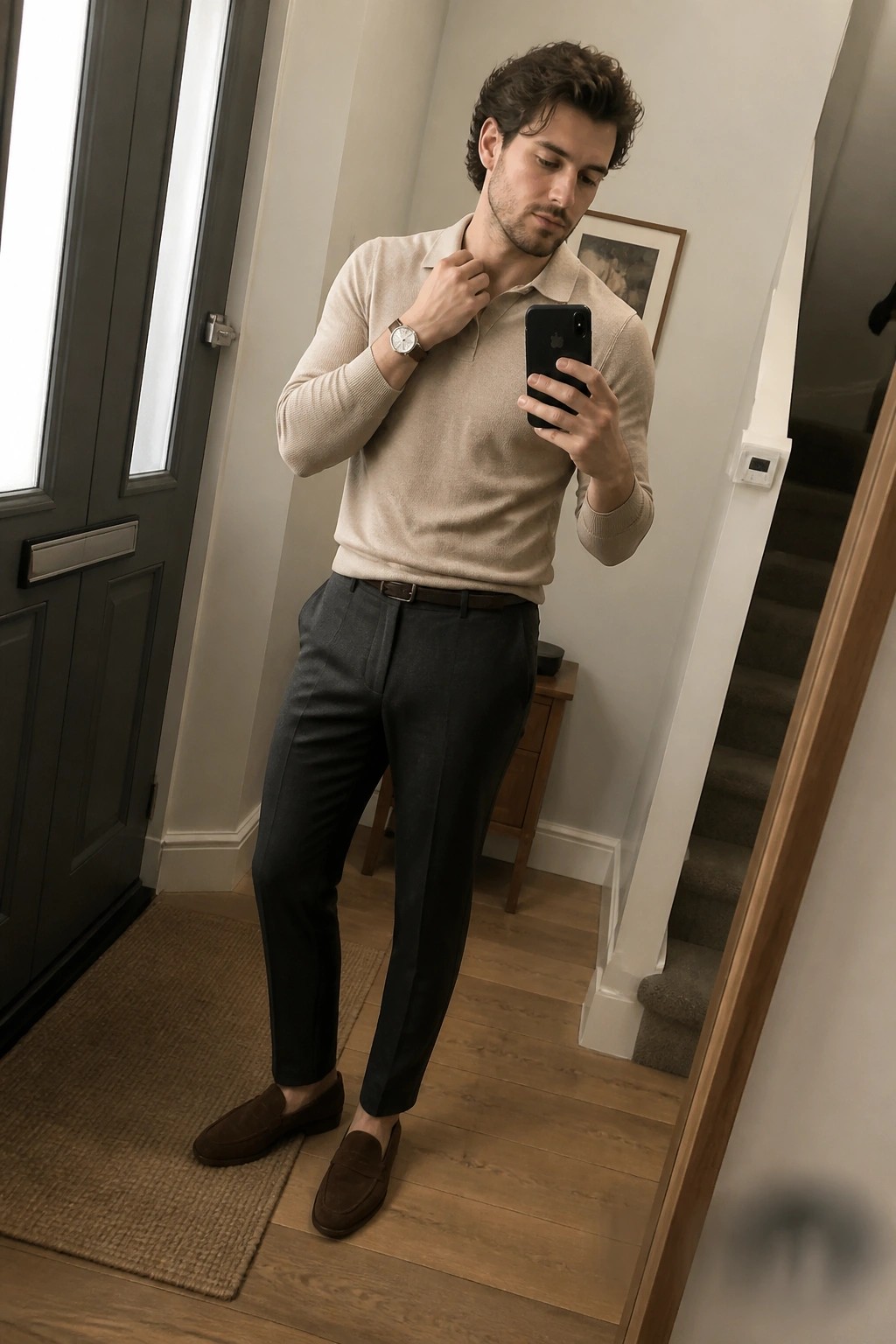 Man in beige polo sweater and gray trousers taking mirror selfie indoors