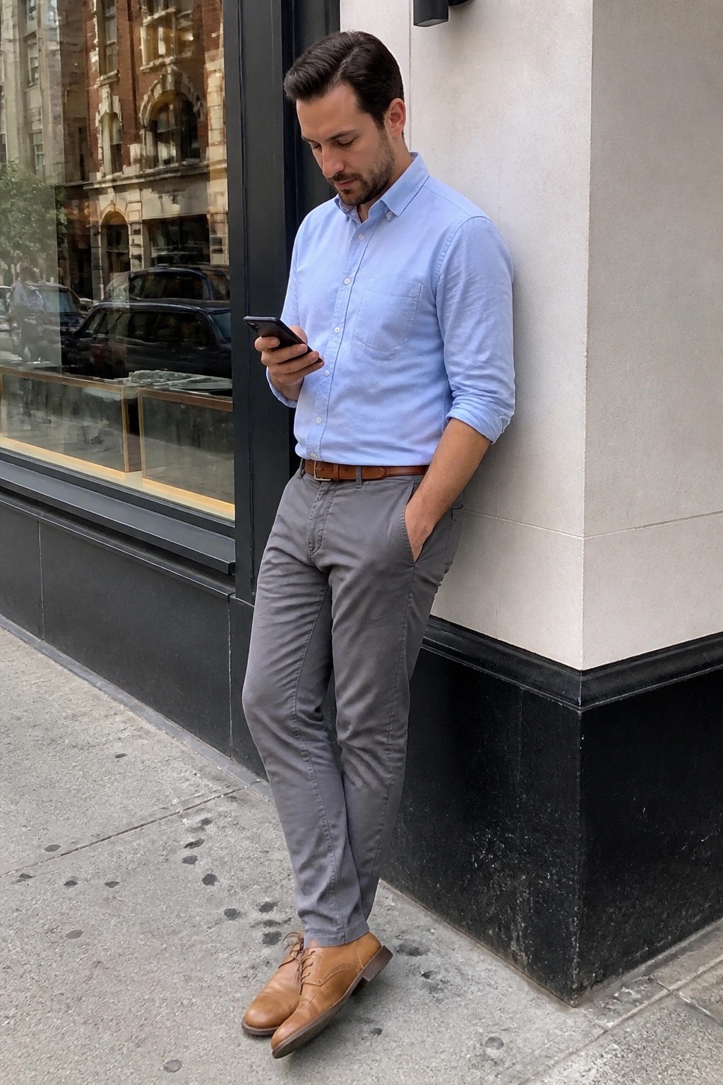 Man in blue shirt and gray pants leans on wall checking smartphone on sidewalk