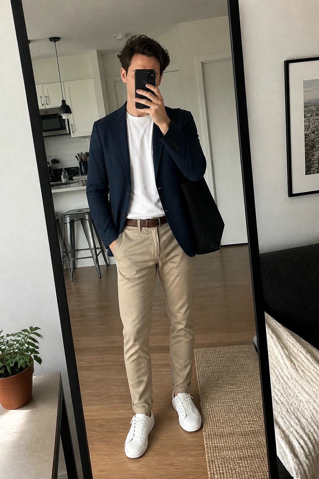 Man in navy blazer, white t-shirt, and beige pants taking mirror selfie.