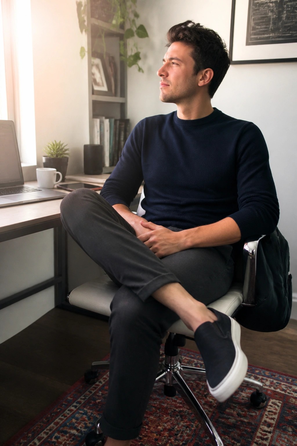 Man in navy sweater relaxes with legs crossed in office chair