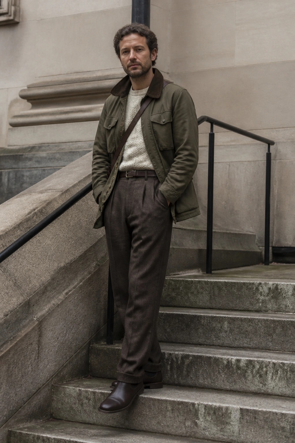 Man in green jacket over cream sweater and brown trousers on stone steps