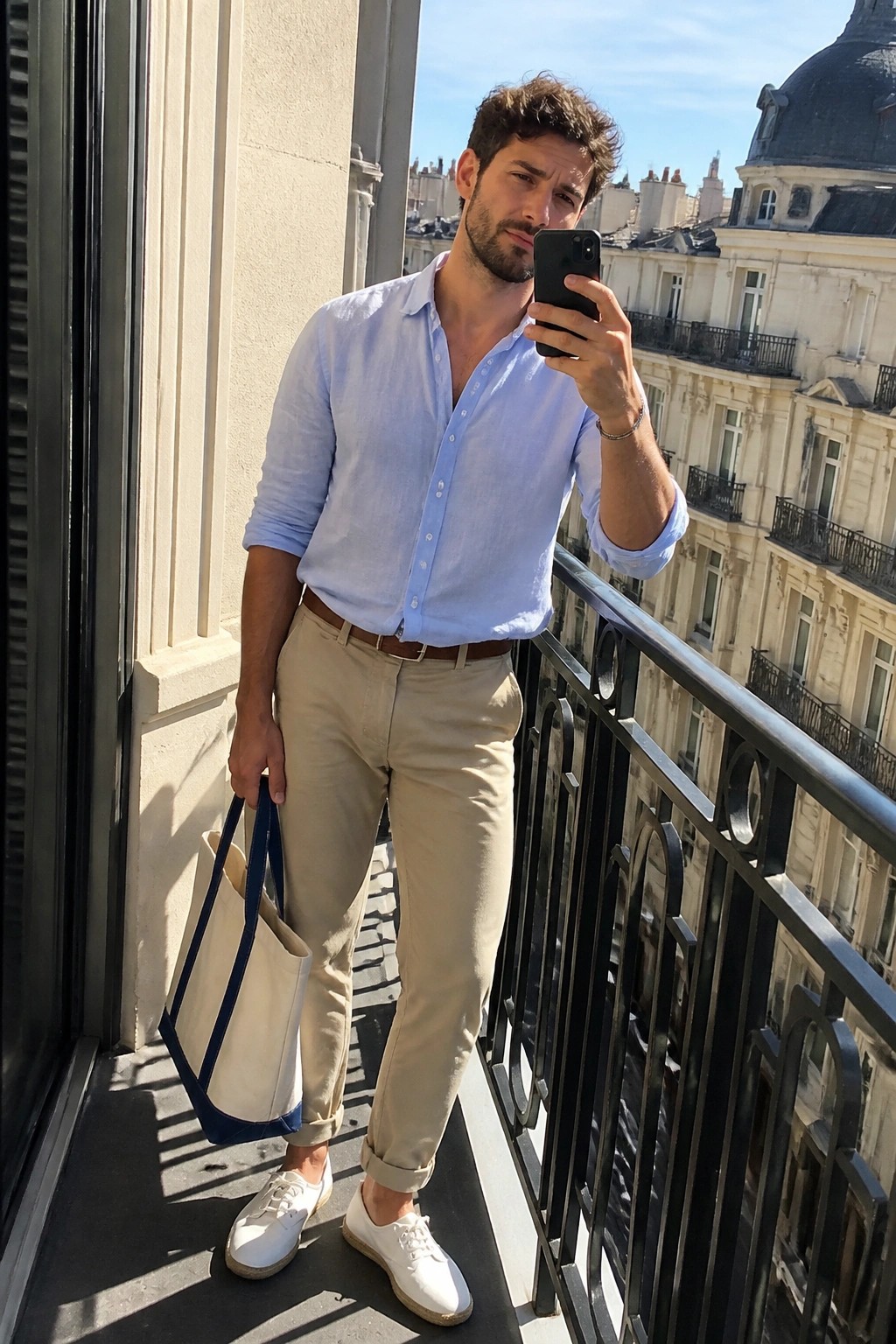 Man in light blue shirt and beige pants taking balcony selfie with tote bag