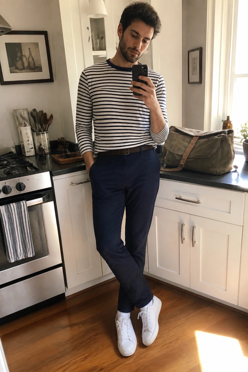 Man in striped shirt and navy pants taking mirror selfie in kitchen