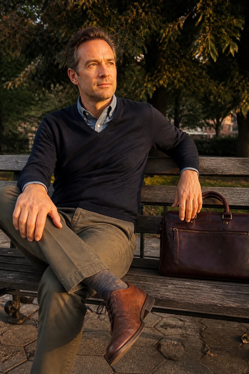 Man in navy sweater and green pants sits on park bench with leather briefcase