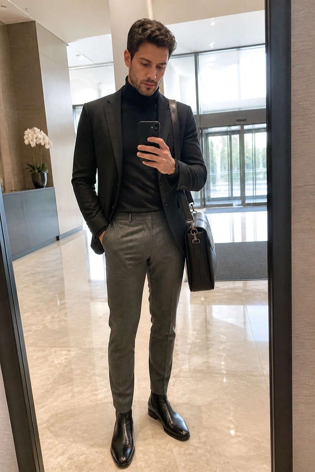 Man in black turtleneck and gray suit holds smartphone in sleek lobby