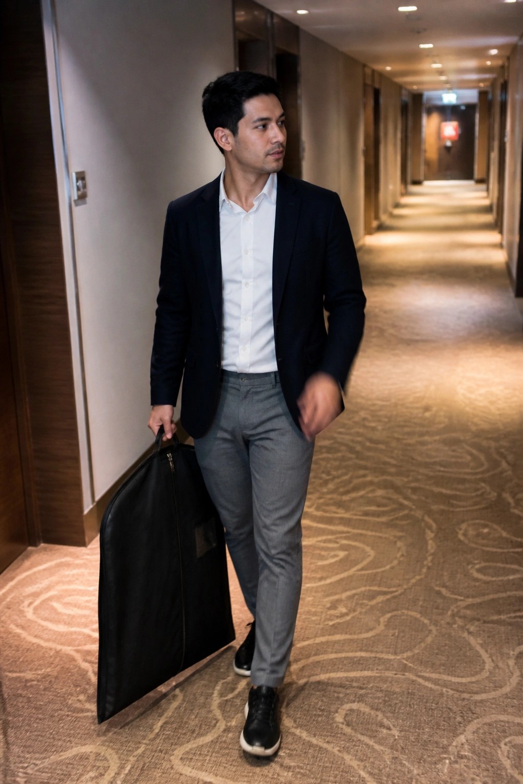 Man in navy blazer and gray pants carrying black garment bag in hotel hallway