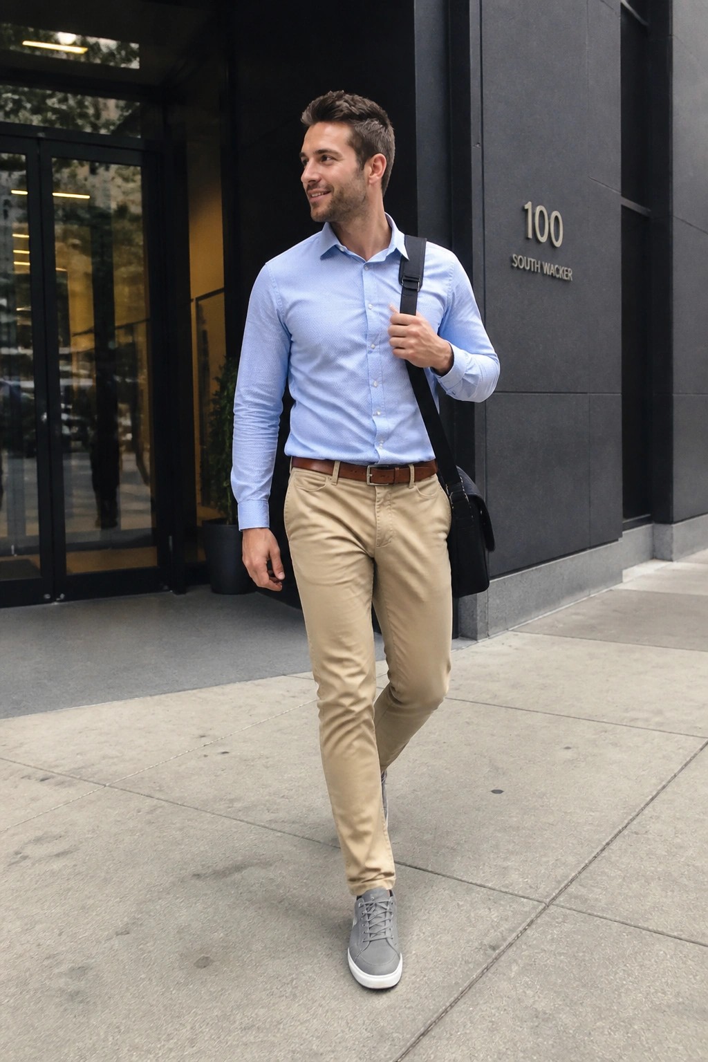 Man in light blue shirt and khaki pants walking with black bag on sidewalk