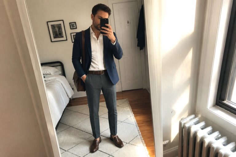 18 Practical Corporate Outfits for Men Managing Long Professional Workdays Man in navy blazer, white shirt, gray pants with brown leather bag taking mirror selfie