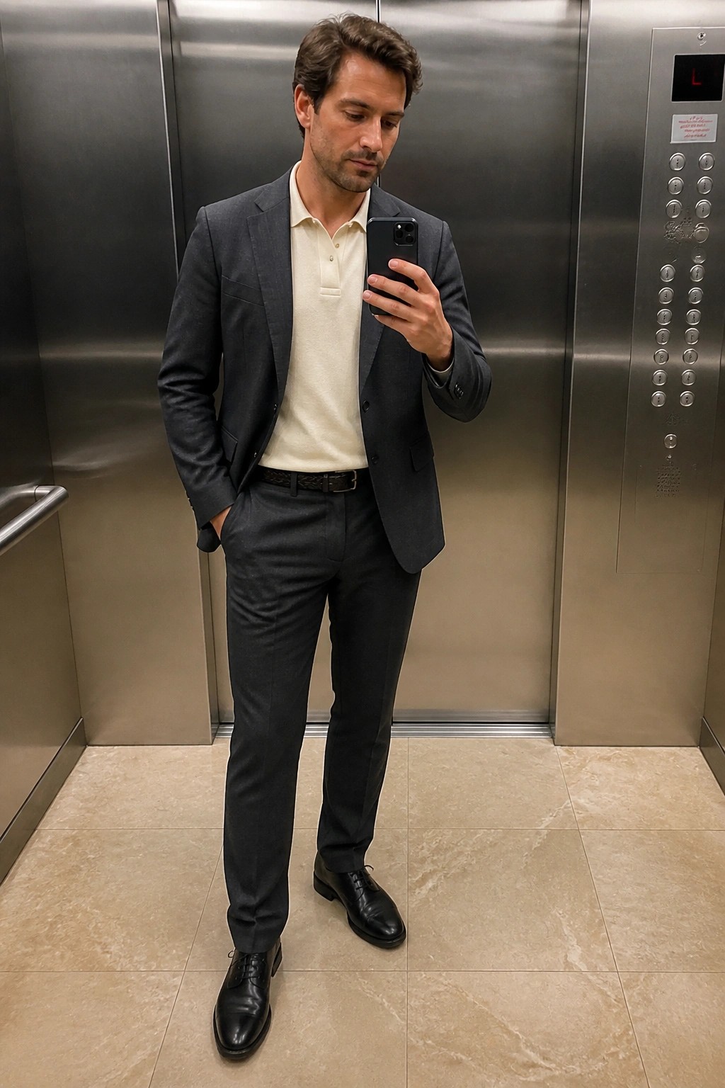 Man in gray suit and cream polo shirt holds phone in elevator