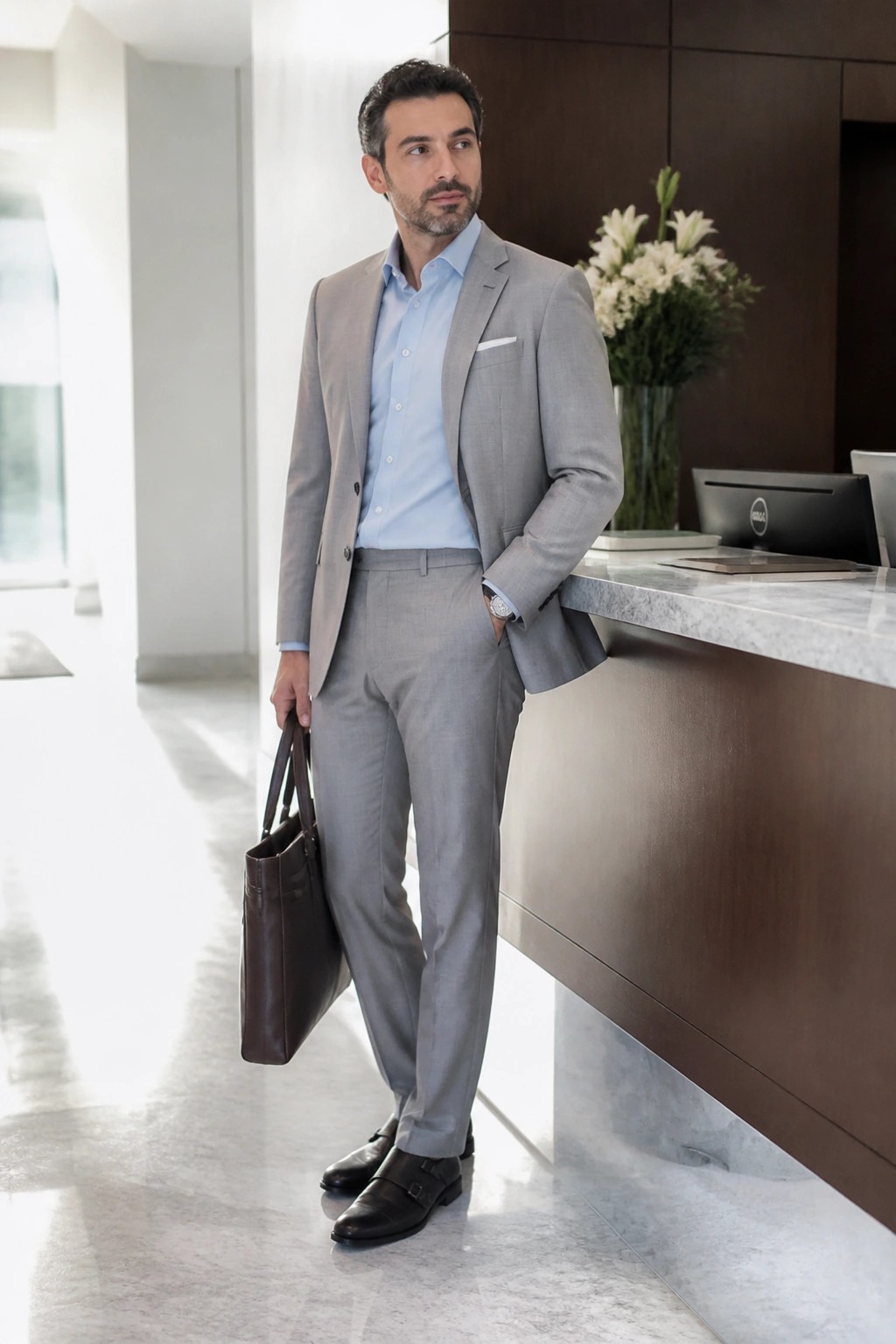 Man in gray suit and blue shirt holds brown leather tote by marble counter