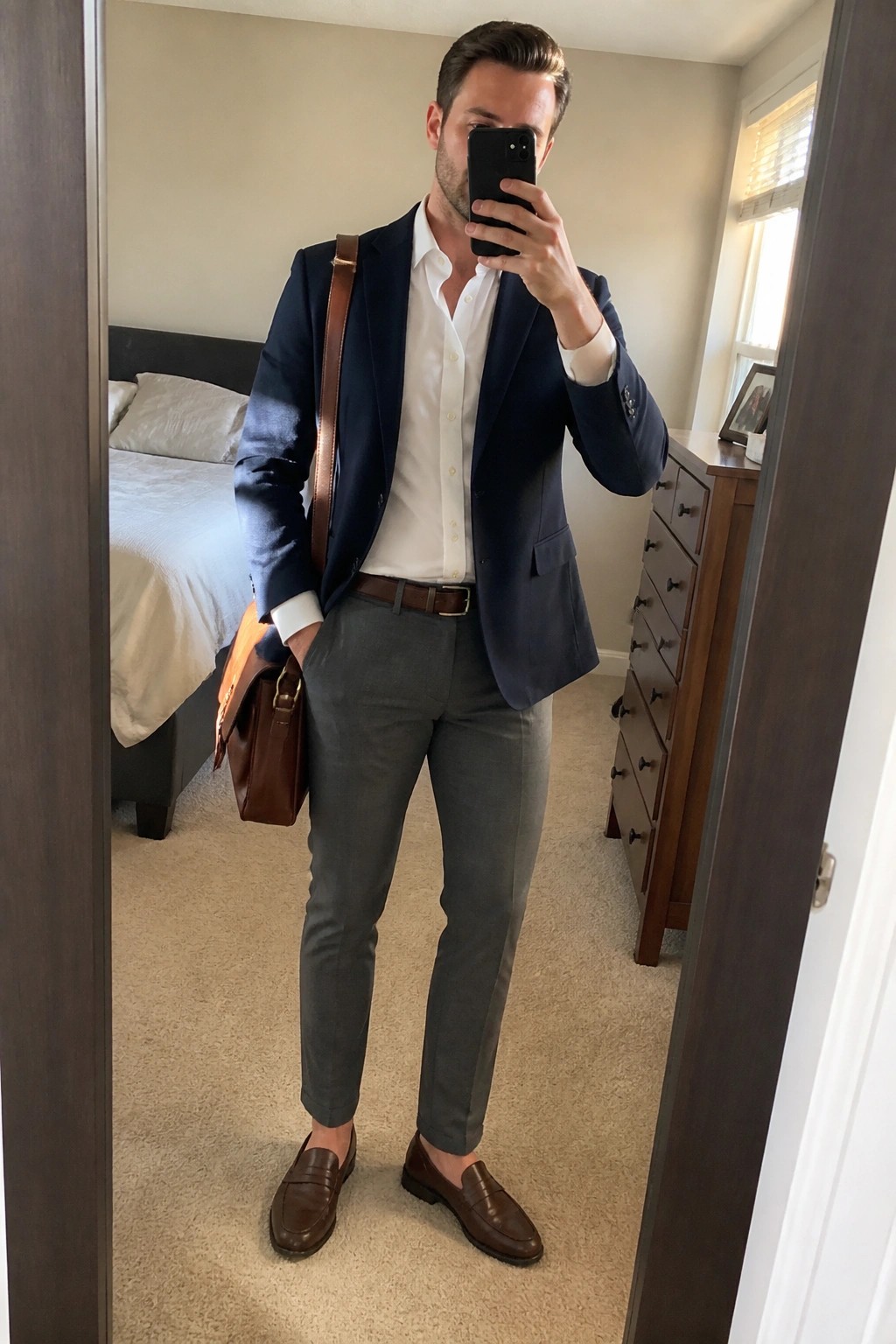 Man in navy blazer, white shirt, gray pants with brown leather bag taking mirror selfie