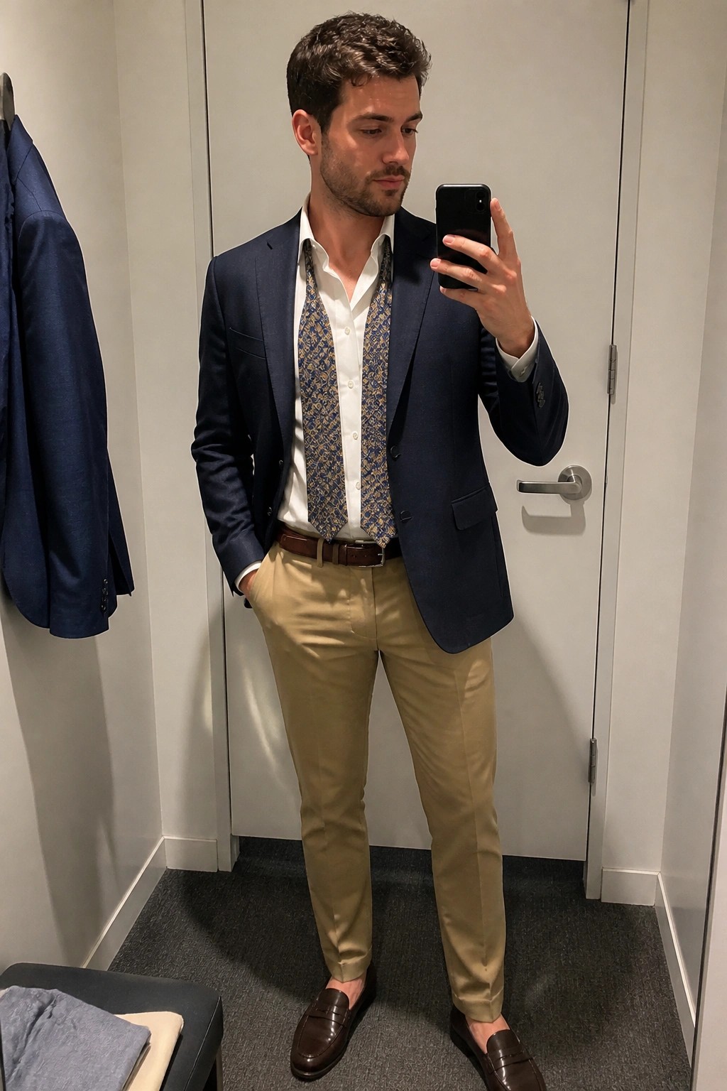 Man in navy blazer, patterned tie, and khaki pants taking mirror selfie