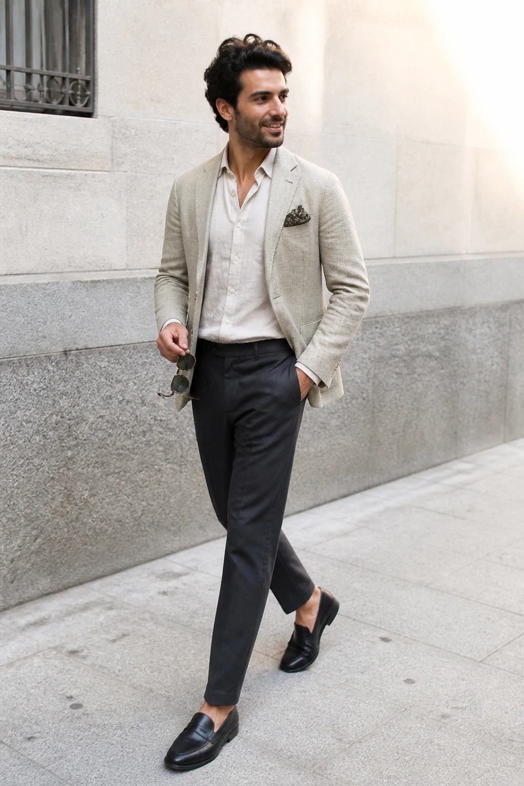 A man in a light gray textured blazer over a cream button down shirt paired with dark trousers black loafers and a small pocket square while holding sunglasses.