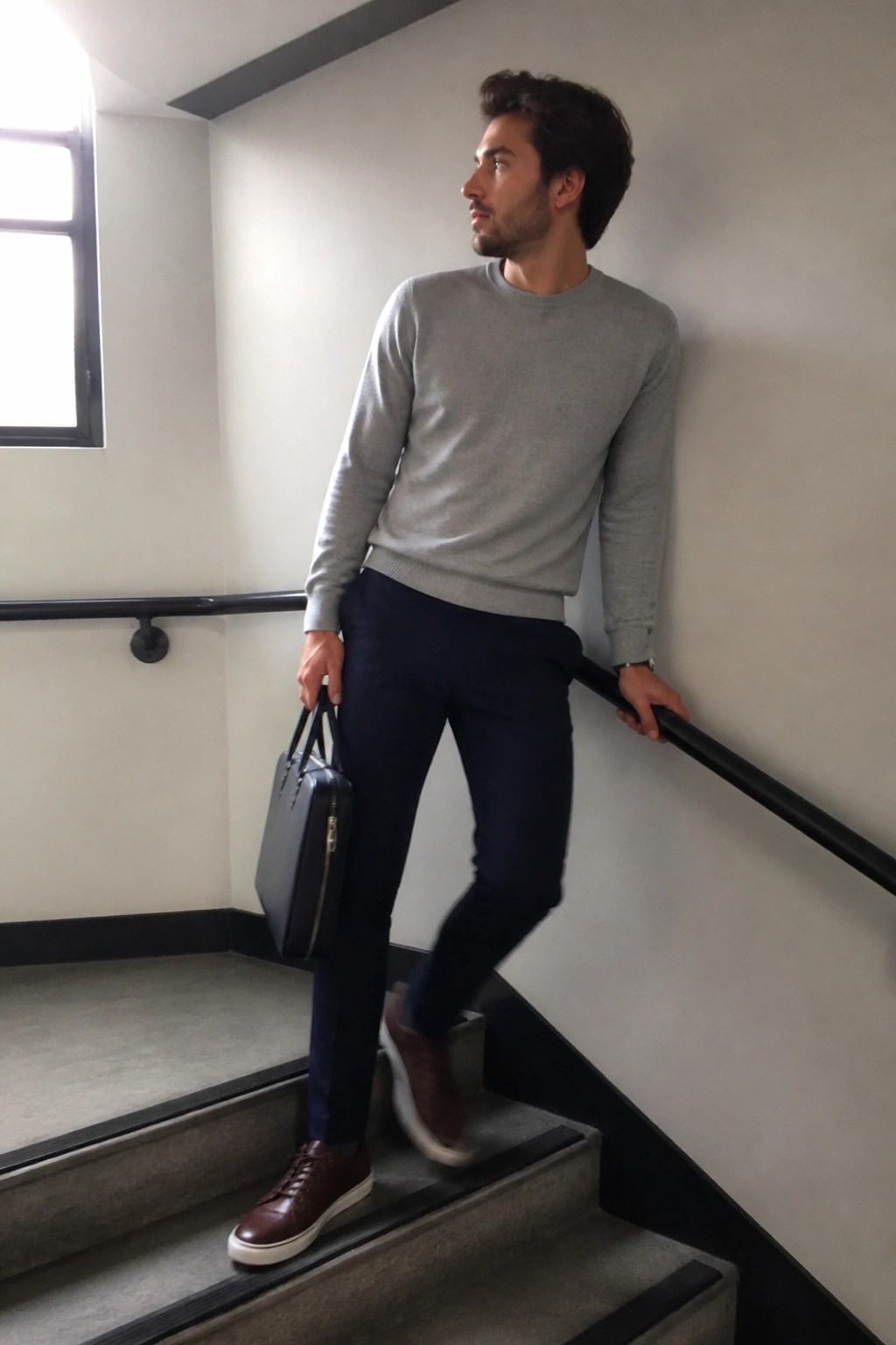 Man in gray sweater and navy pants holds briefcase on indoor stairs