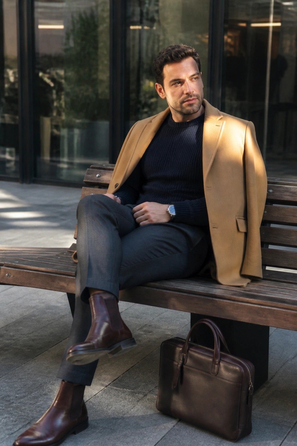 Man in tan blazer and navy sweater on bench beside leather briefcase