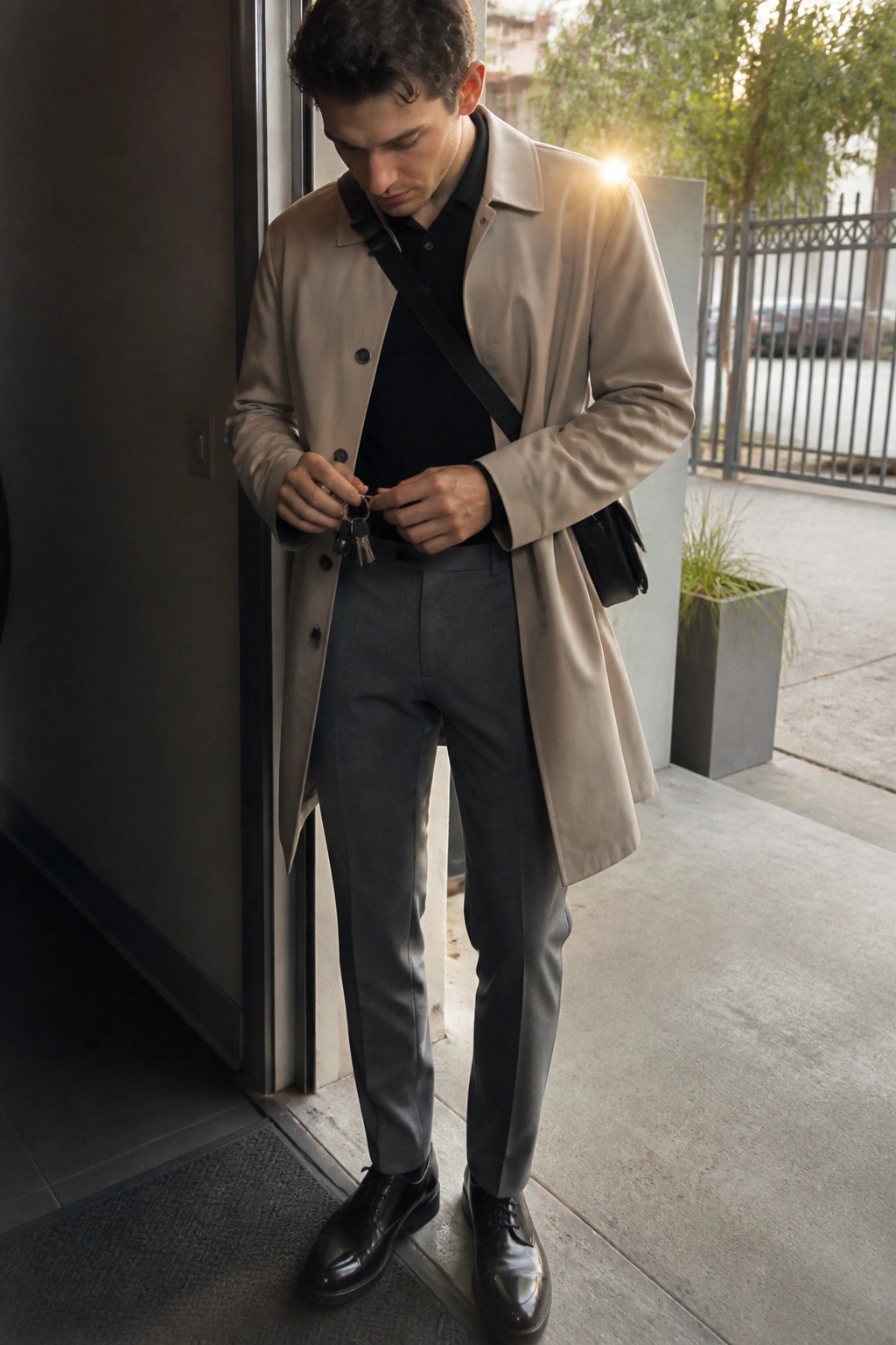 Man in beige trench coat and gray pants holding keys by doorway with bag