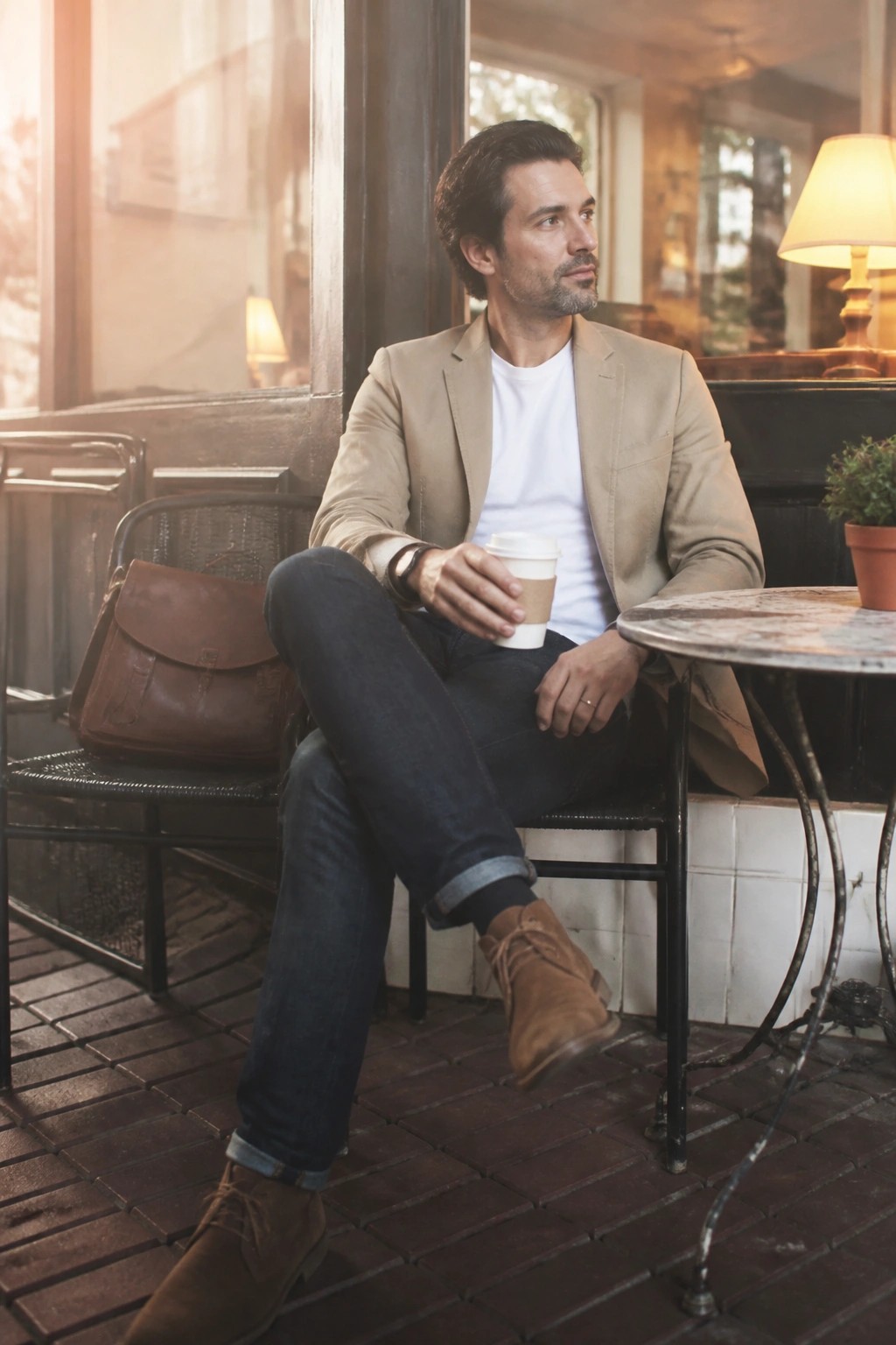 Man in beige blazer holds coffee cup at sunlit outdoor cafe with leather bag nearby