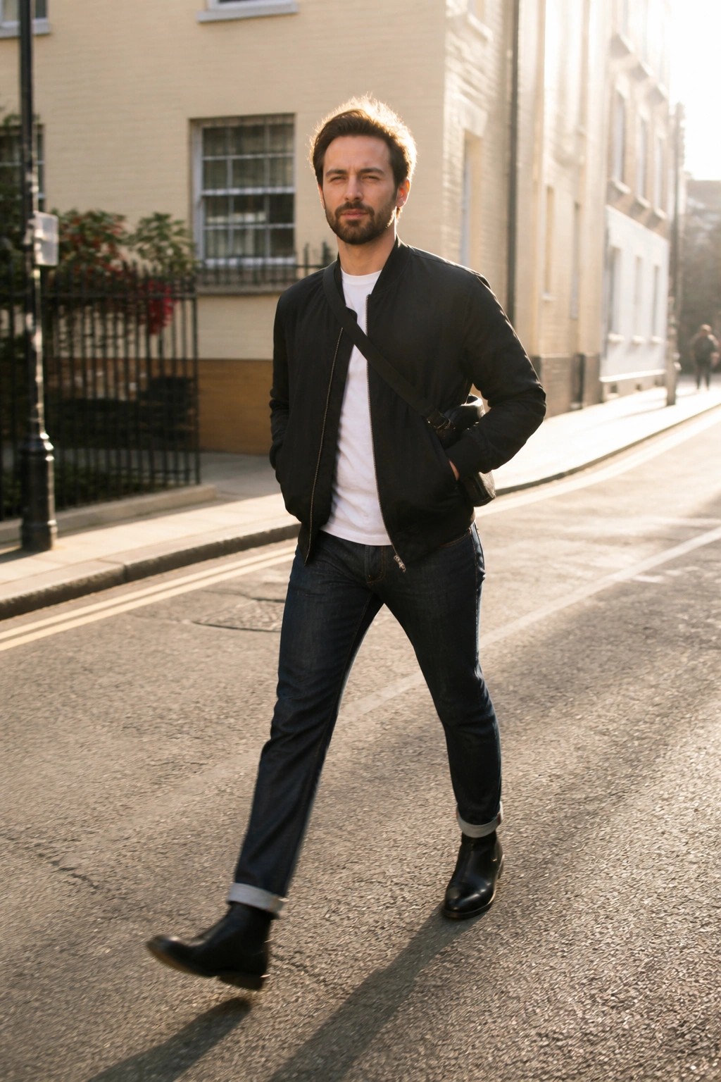 Man in black bomber jacket, white tee and jeans on sunny street