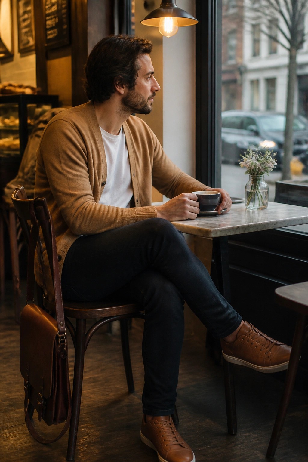 Man in brown cardigan holds coffee at cafe table by window with leather bag nearby