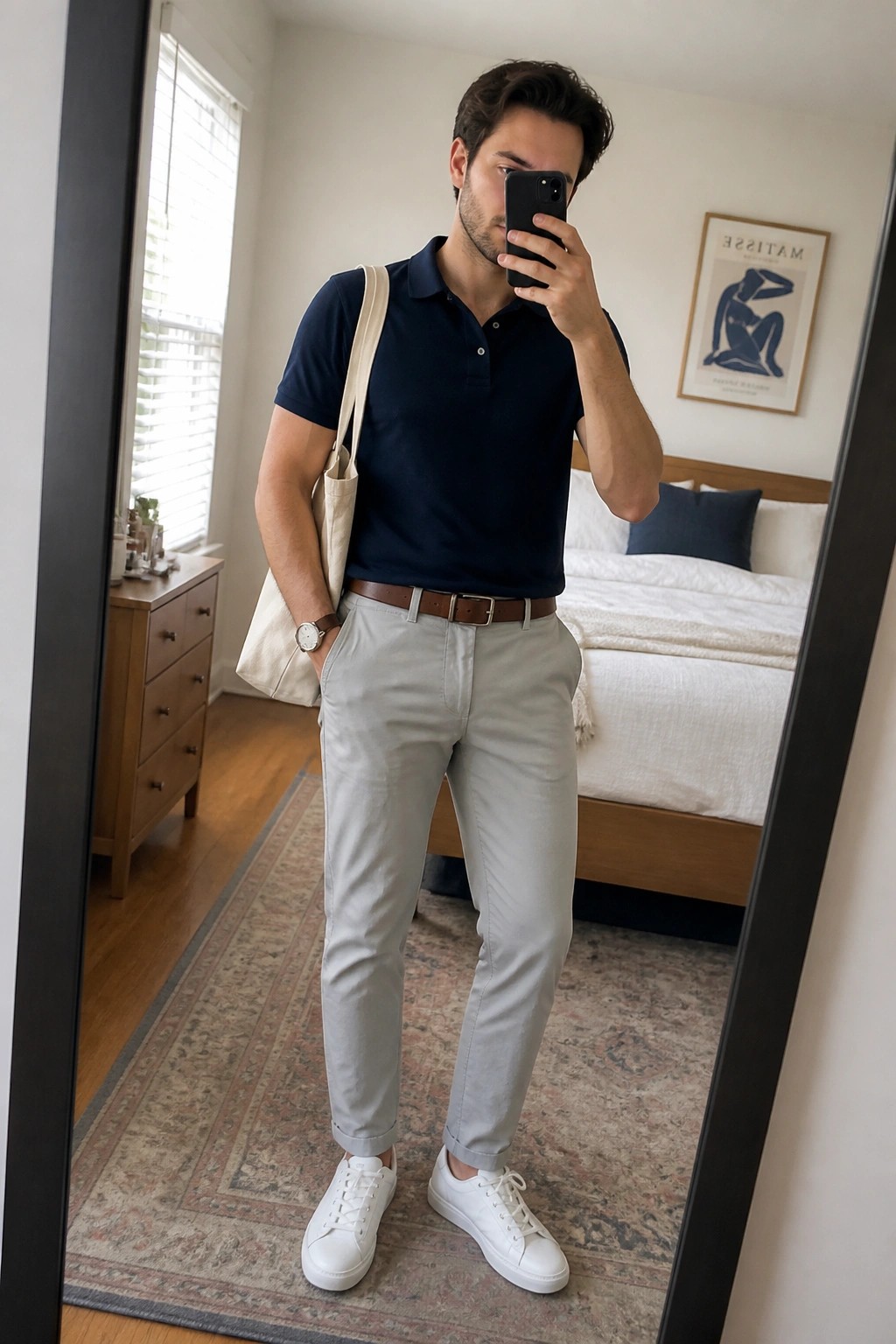 Man in navy polo and light pants taking mirror selfie with tote bag in bedroom