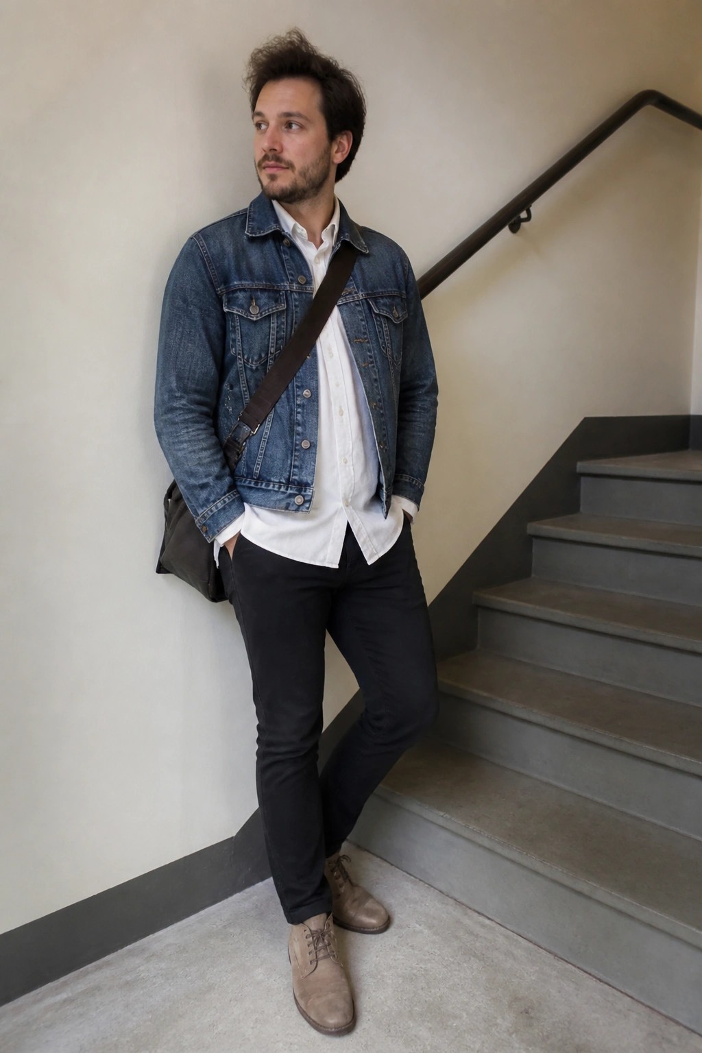 Man in blue denim jacket over white shirt by gray stairs with shoulder bag.