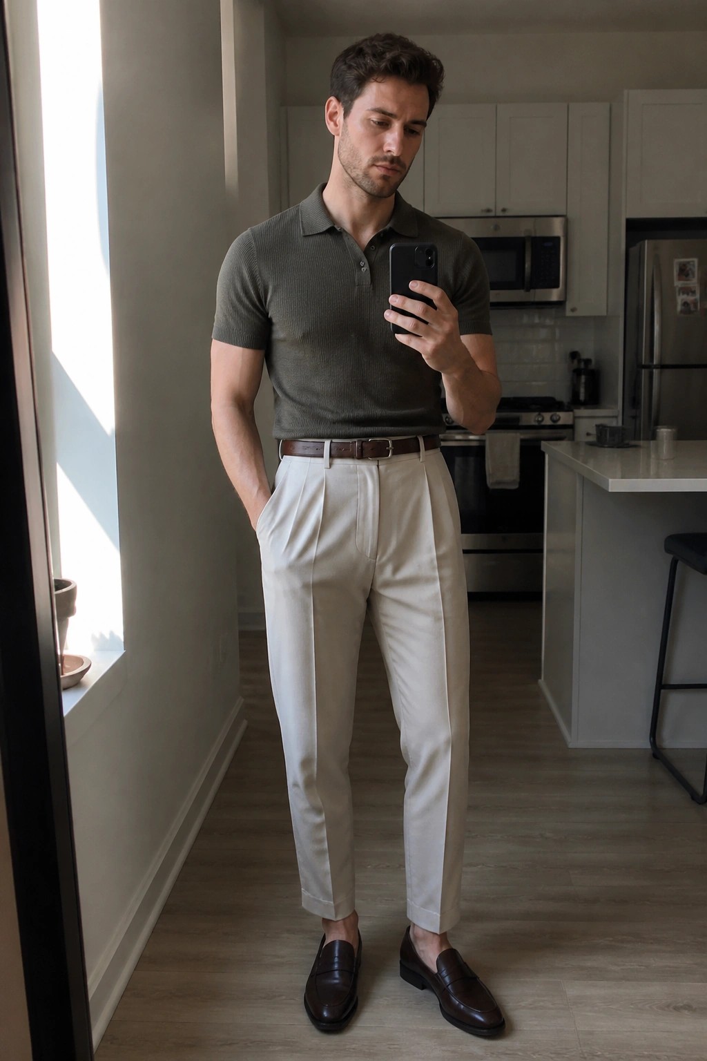 Man in olive polo shirt and beige pleated pants taking mirror selfie in kitchen.