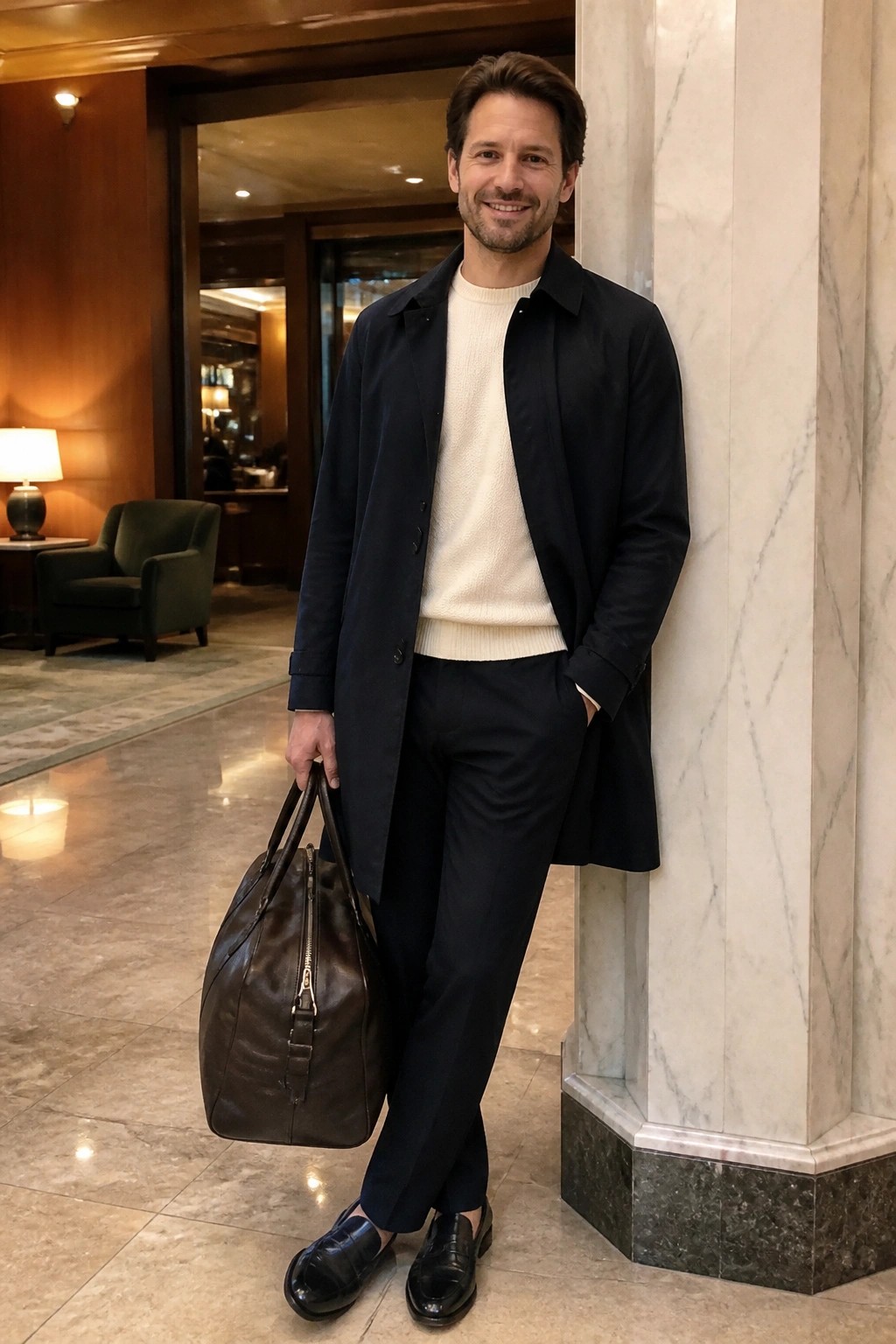 Smiling man in navy overcoat and cream sweater holding brown leather duffel bag