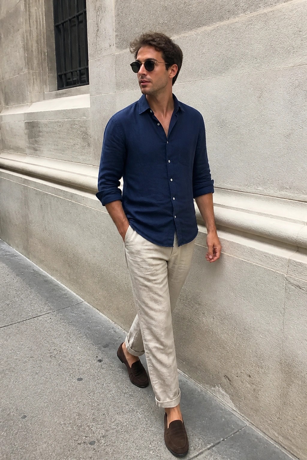 Man in navy shirt and beige pants leaning against stone wall outdoors