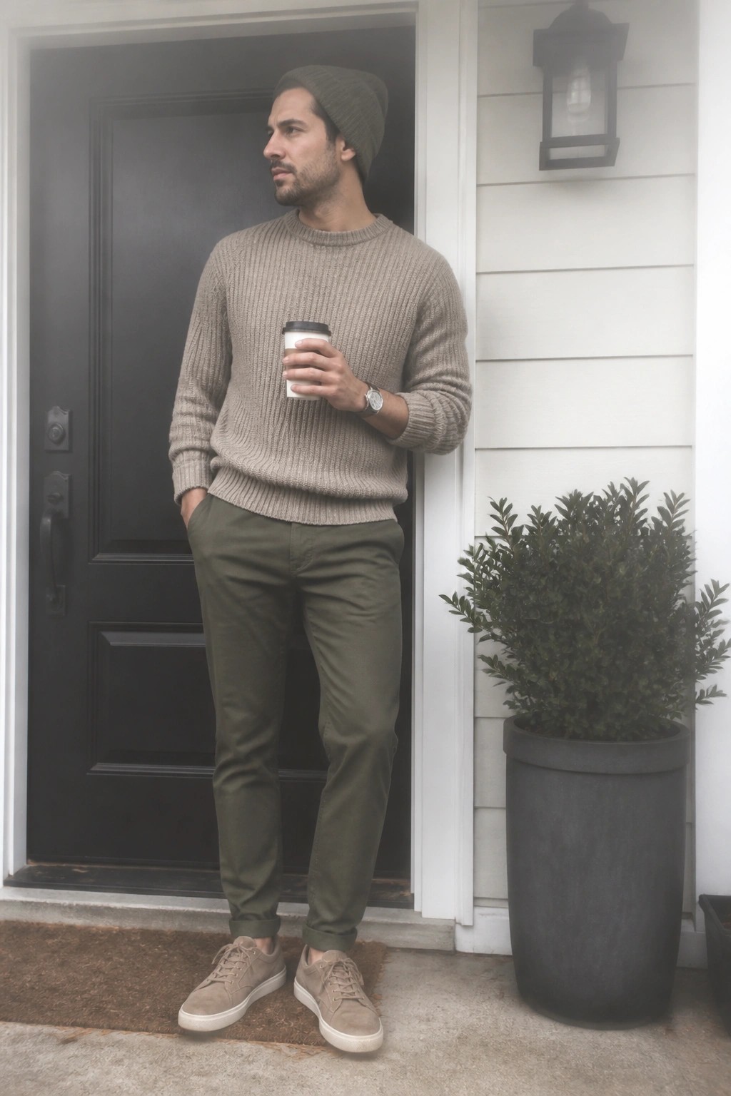 Man in beige knit sweater and beanie holds coffee by black door with plant