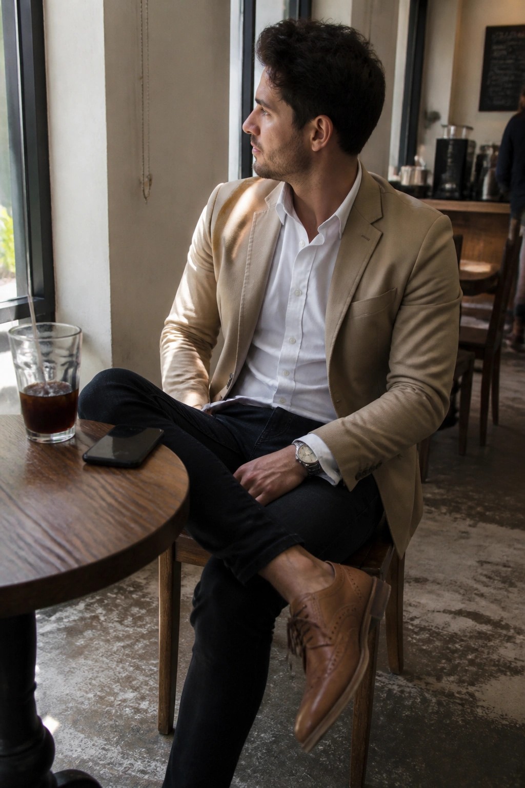 Man in beige blazer over white shirt sits in cafe near phone and drink.