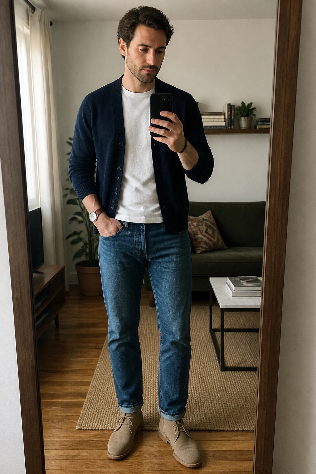 Man in navy cardigan and jeans taking mirror selfie in living room