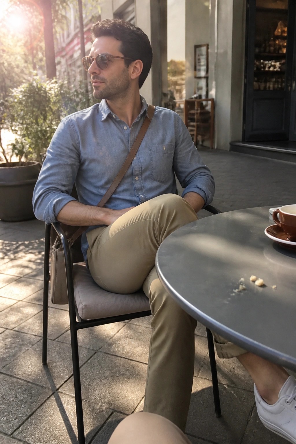 Man in blue shirt and beige pants at sunny outdoor cafe table with coffee