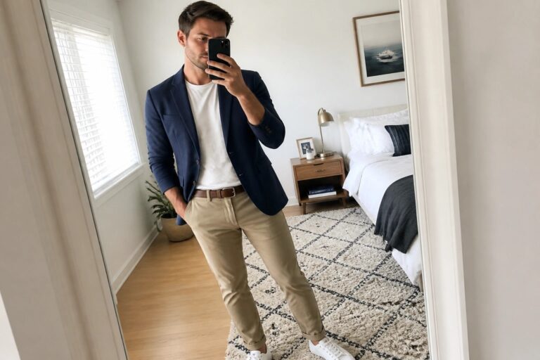 Man in navy blazer, white tee, and beige pants taking bedroom mirror selfie