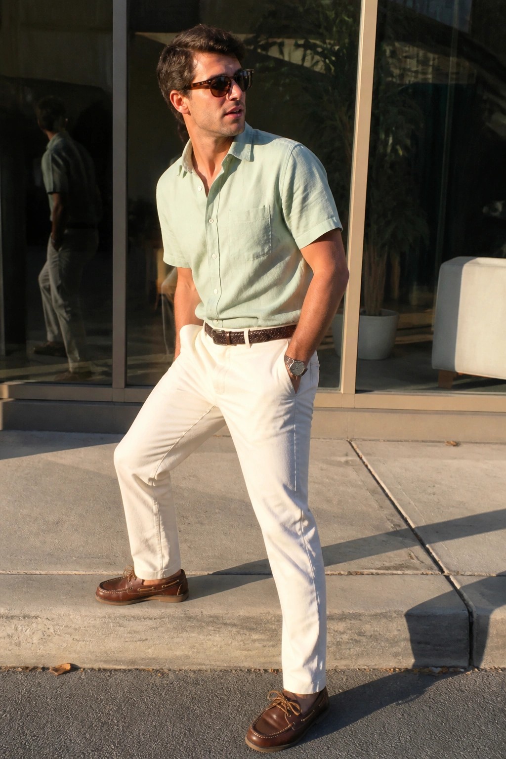 Man in mint green shirt and white pants posing by glass building.