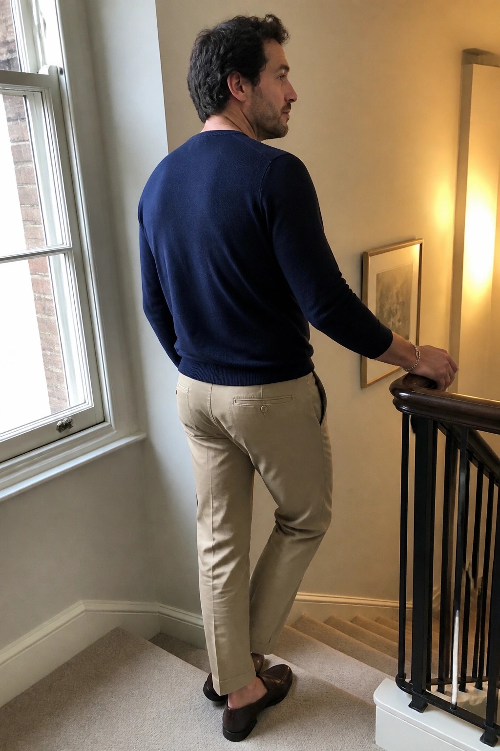 Man in navy sweater and khaki pants standing on stairs with hand on railing
