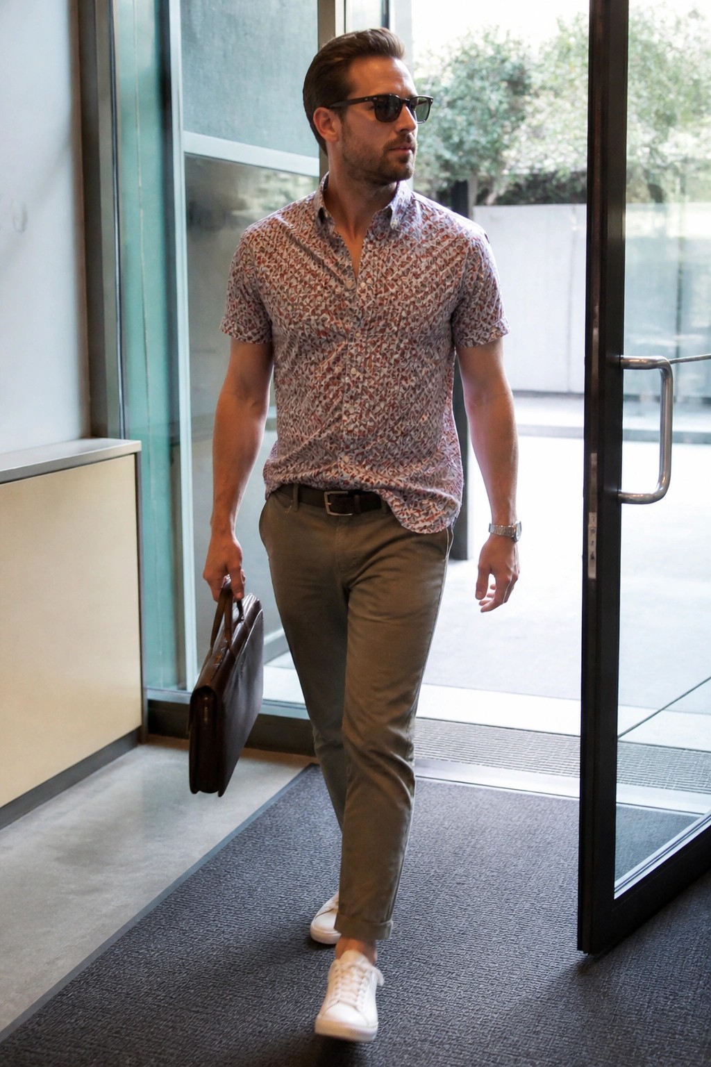 Man in patterned shirt and olive pants exits building with brown briefcase.