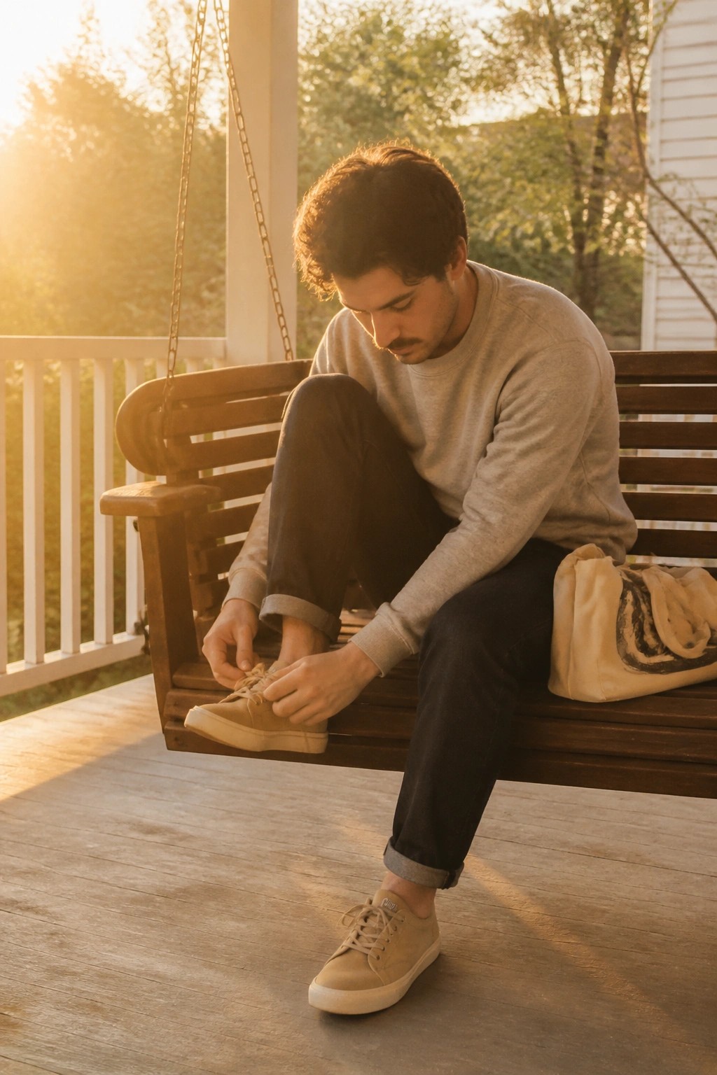 Man in gray sweatshirt tying tan sneakers on wooden porch swing beside tote bag