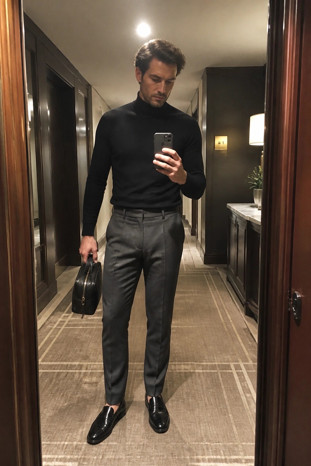 Man in black turtleneck sweater and gray trousers holding phone and leather bag