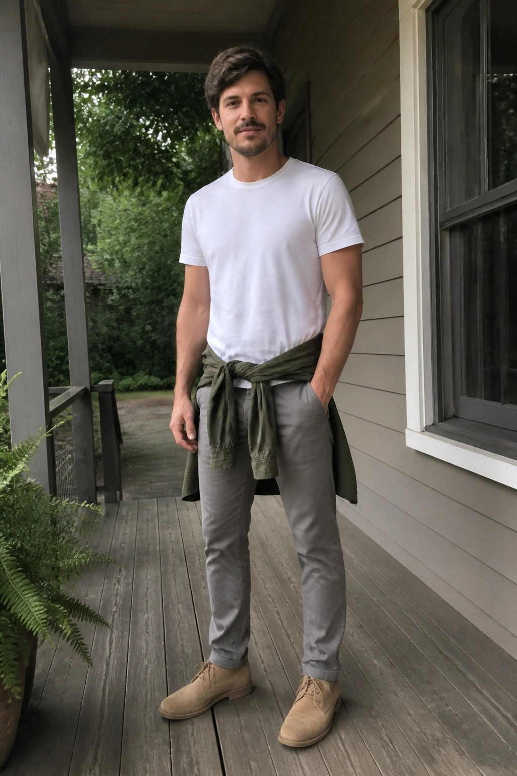 Man on wooden porch in white t-shirt, gray pants, olive shirt tied at waist
