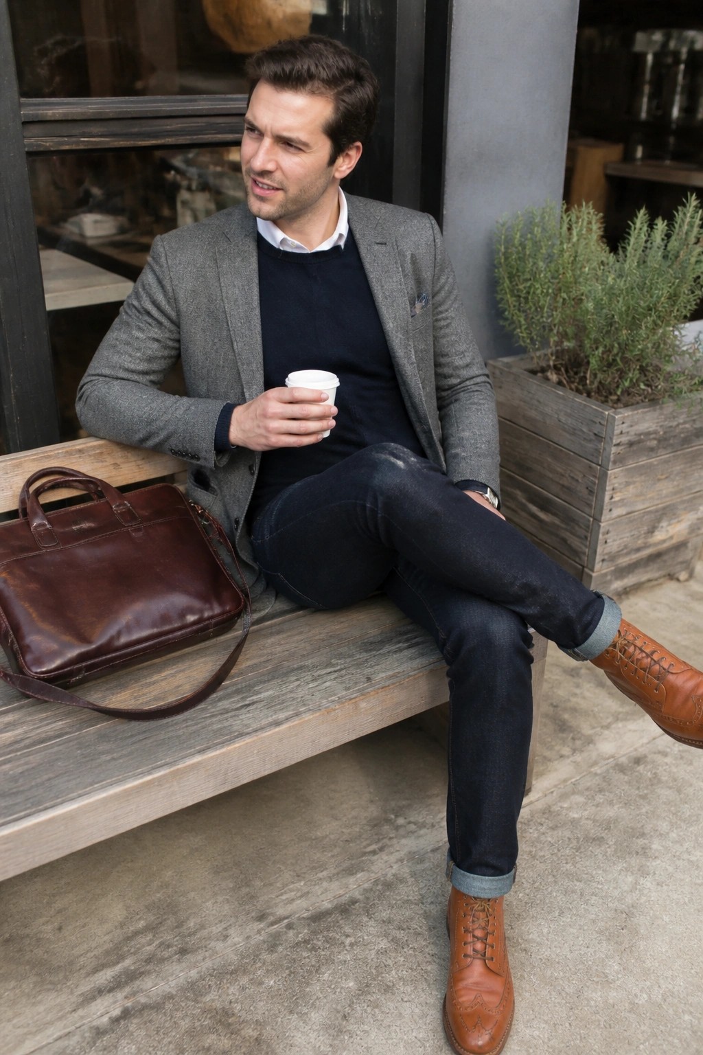 Man in gray blazer and jeans holding coffee beside brown leather bag on bench