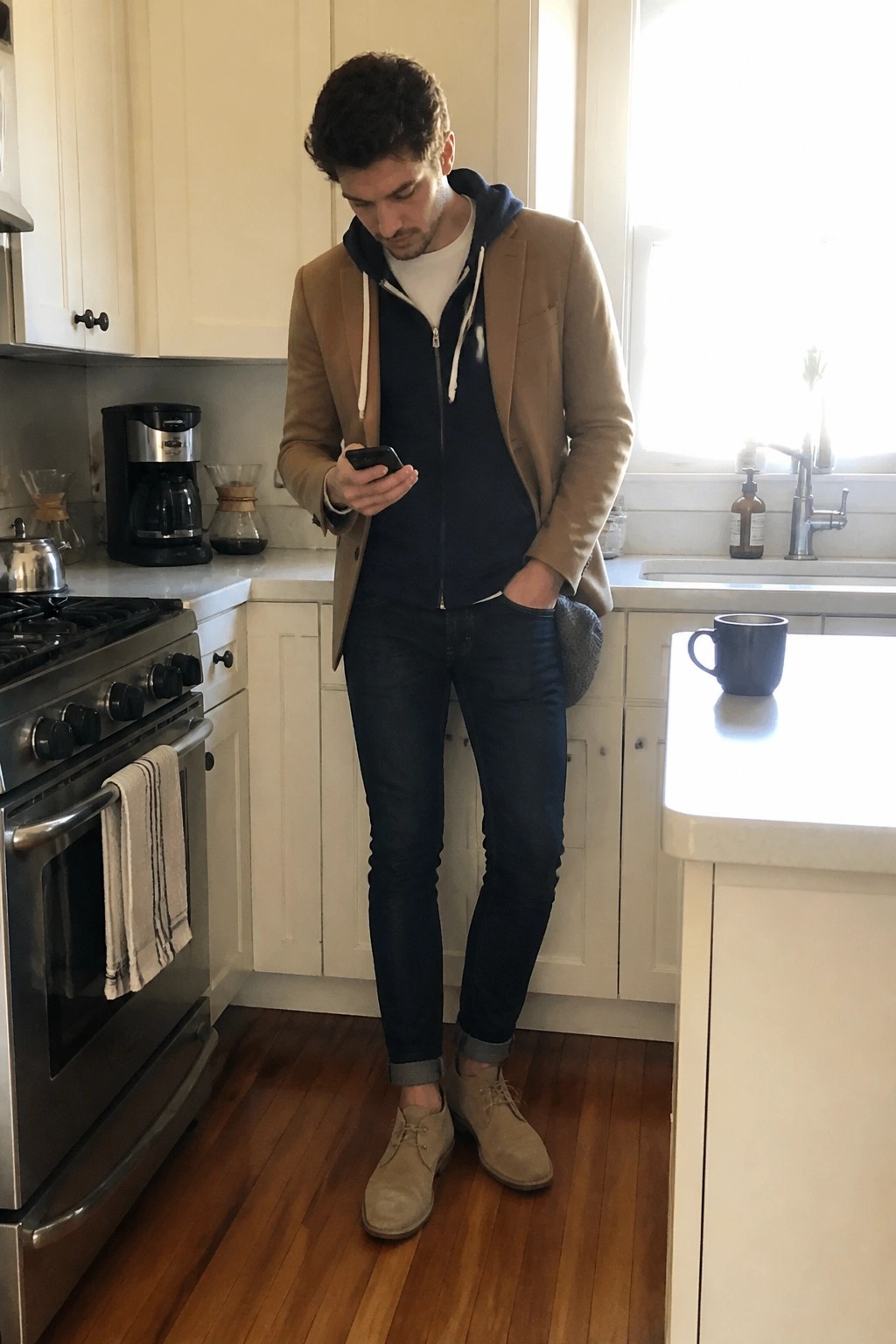 Man in tan blazer over navy hoodie checks phone in sunlit kitchen