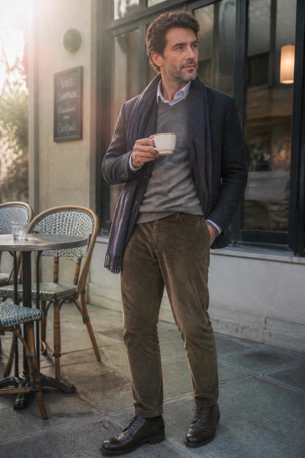 Man in blazer and scarf holding coffee at sunny sidewalk café
