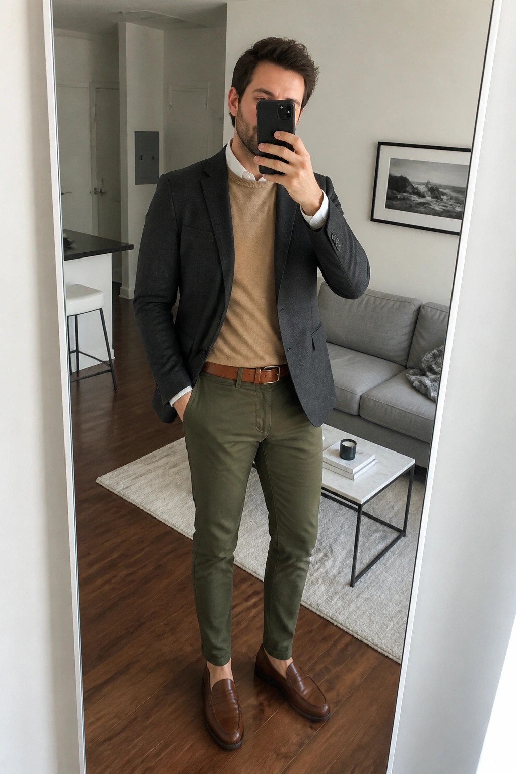 Man in gray blazer over tan sweater with green pants taking mirror selfie