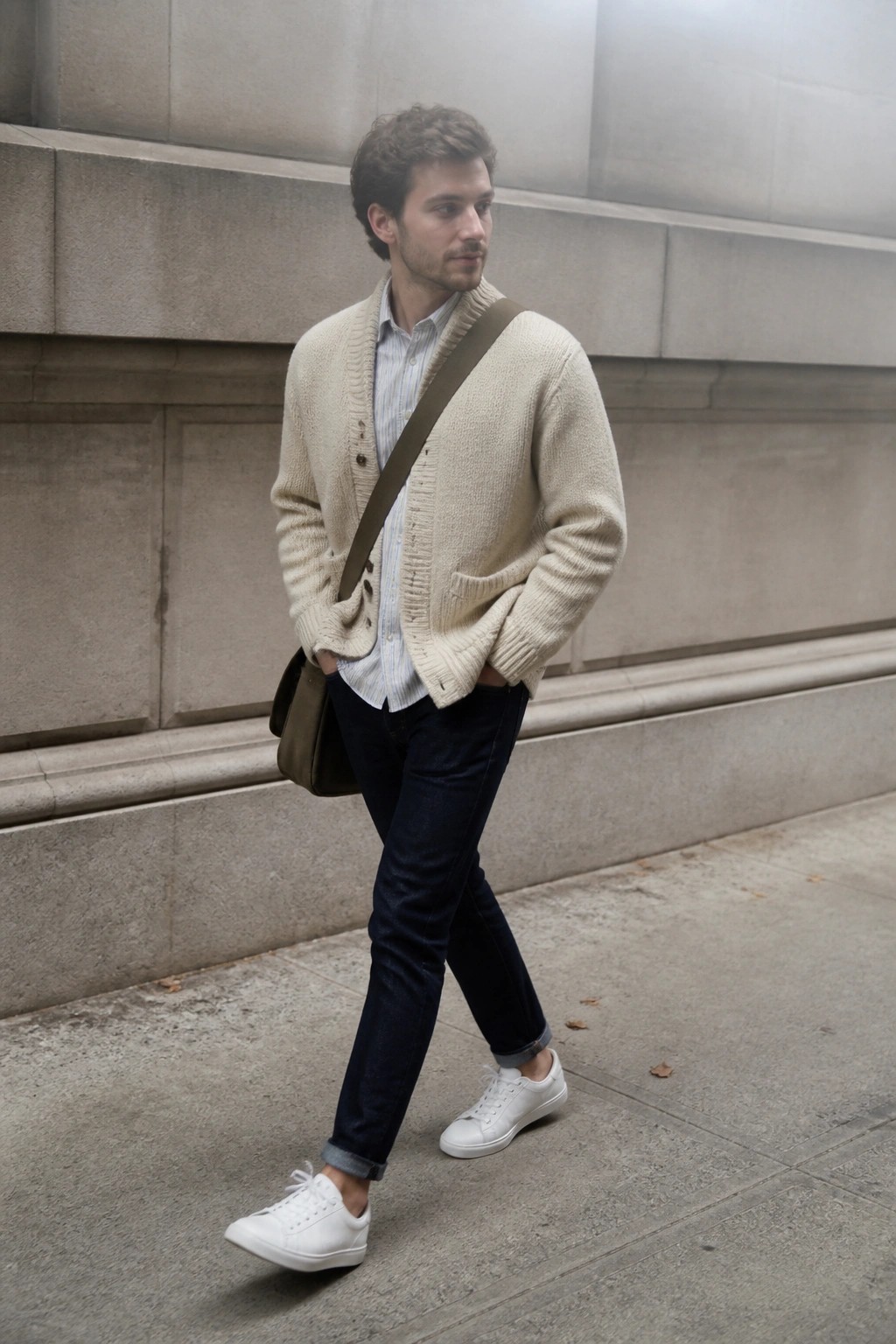 Man in cream cardigan and jeans walks city sidewalk with brown bag