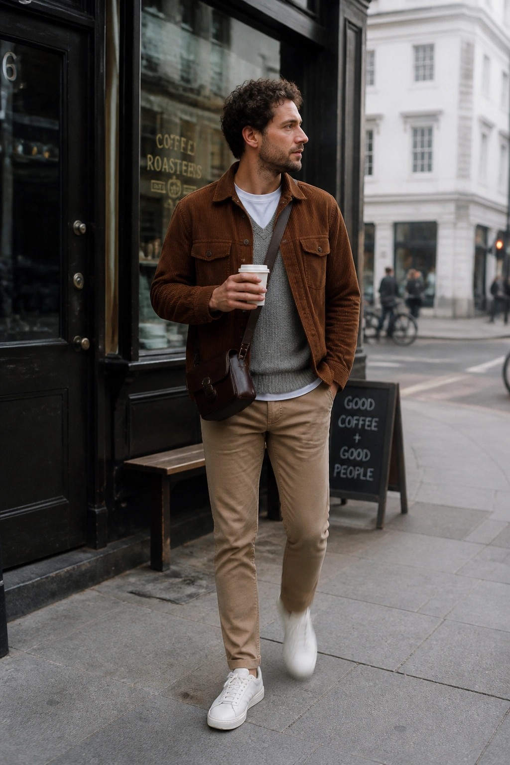 Man in brown corduroy jacket holding coffee on city sidewalk with leather bag
