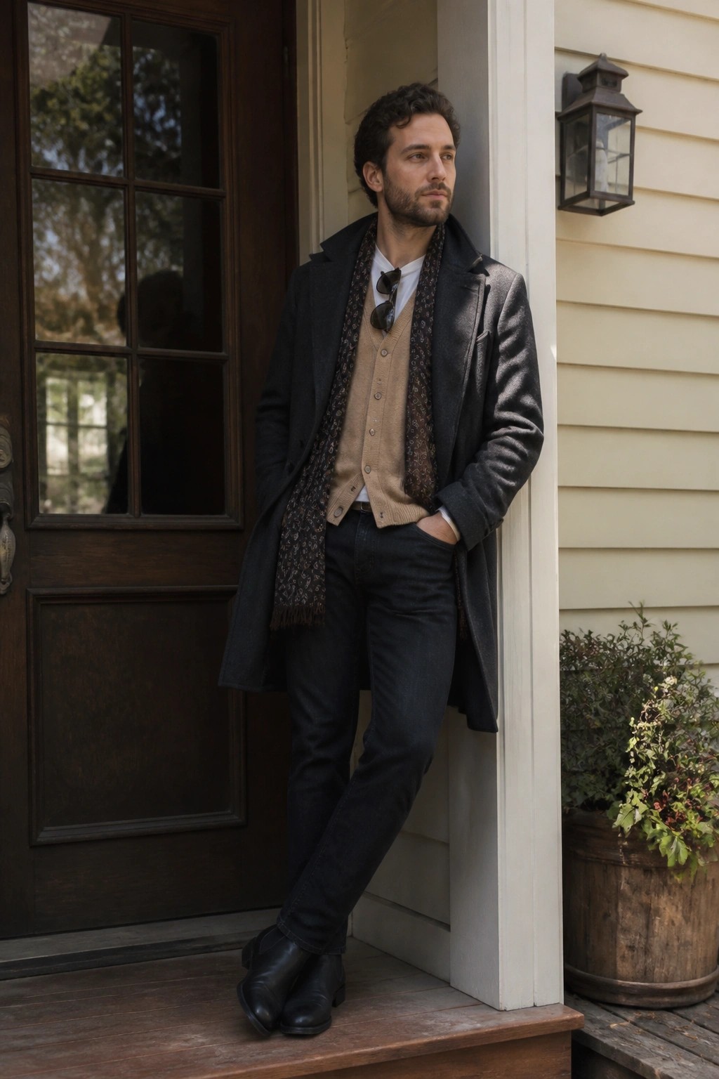 Curly-haired man in dark coat and patterned scarf leans on porch doorway