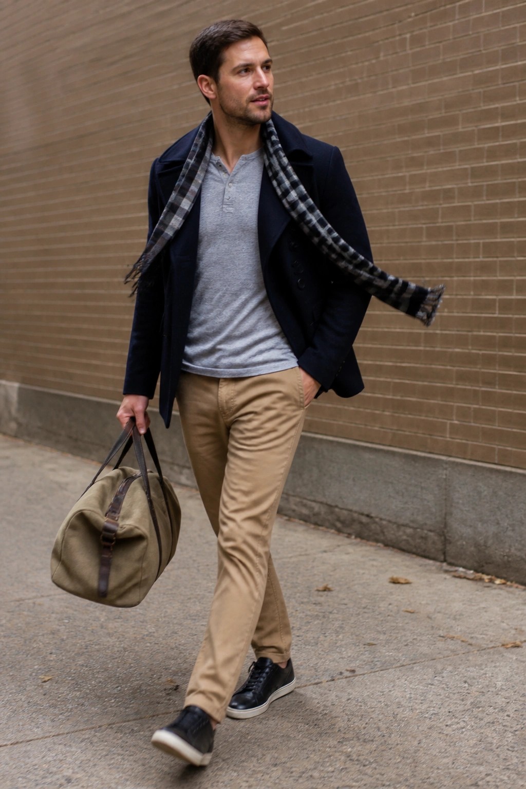 Man in navy coat and plaid scarf carrying tan duffel bag on sidewalk.